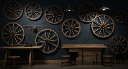 Rustic Wheelwright Workshop Interior - A rustic workshop interior with wooden wheels on the wall, wooden workbenches, and stools. Dark and moody lighting
