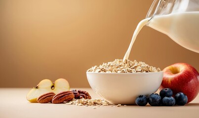 Bright and colorful kitchen activity featuring milk pouring over crushed oatmeal with fruits and nuts nearby