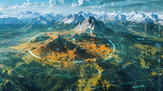 A map of the world shows the terrain, while a digital radar interface overlays it. This represents how communication technology connects people and places.  
