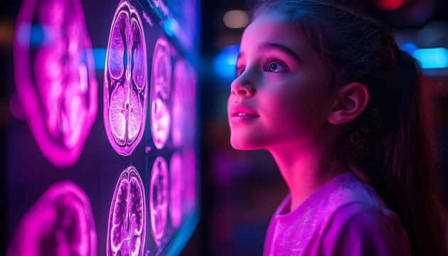Child observing brain scans, illuminated displays