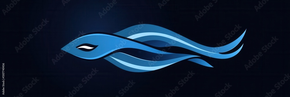 Poster minimalist abstract fish logo featuring cool blue tones and wave patterns for aquatic theme design g