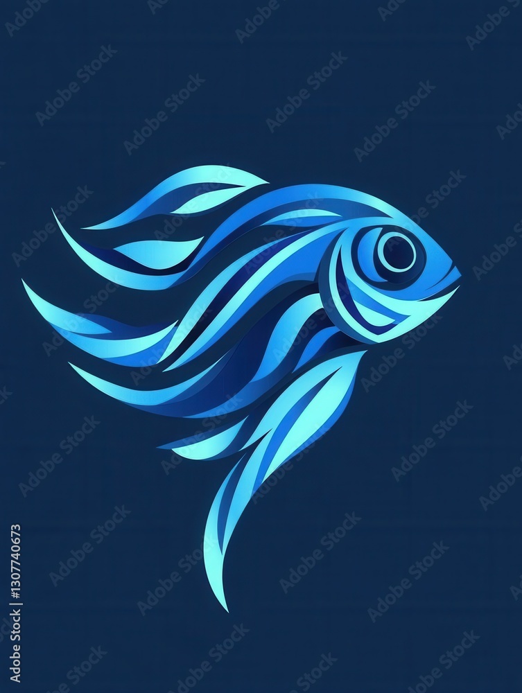 Aufkleber abstract fish logo featuring wave patterns in cool blue tones for a minimalistic aquatic theme gener