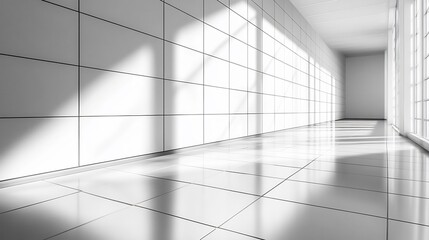 Bright sunlight streams through windows illuminating a clean modern hallway. AI Generated