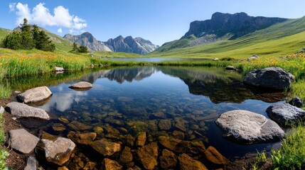 Fototapeta premium Mountain lake reflections, clear water, wildflowers, serene landscape