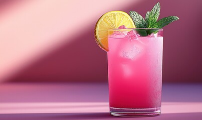 Refreshing pink lemonade served in a frosty glass with lemon slice and mint leaves amidst soft pink lighting
