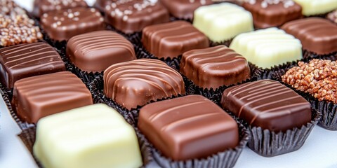 Fototapeta premium A colorful variety of gourmet chocolates arranged neatly, showcasing an array of textures and flavors, perfect for satisfying any sweet tooth on special occasions