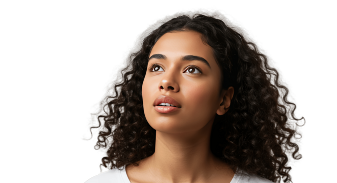 A beautiful woman looking up isolated on transparent png background