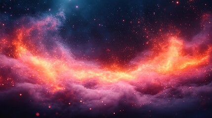 Fototapeta premium Vibrant celestial artwork showcases a nebula with orange and pink hues, set against a dark, star-filled cosmic backdrop. A space dream.