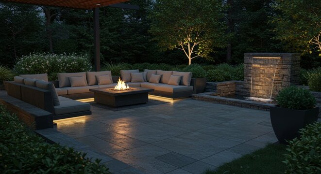 Serene Backyard Oasis at Night - Tranquil evening scene of a modern outdoor patio with fire pit, water feature, and ambient lighting. Perfect for relaxation and entertainment