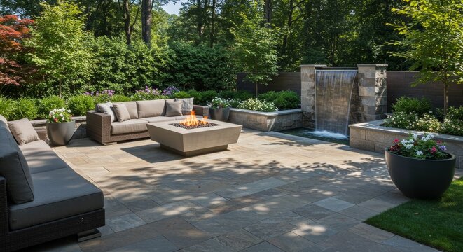 Serene Backyard Oasis with Fire Pit and Waterfall - Tranquil backyard patio featuring a modern fire pit, comfortable seating, and a soothing waterfall feature. Perfect for relaxation and entertaining