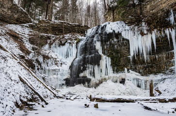 View of Tiffany Falls Frozen in WInter, Hamilton, Ontario, Canada
