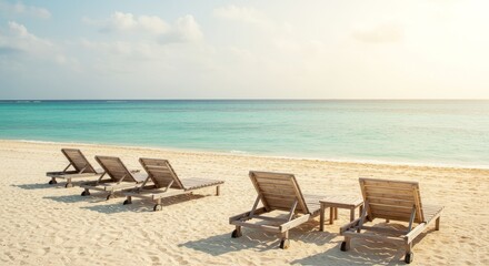 Serene Beachfront Relaxation - Empty wooden lounge chairs on a pristine sandy beach facing a calm turquoise ocean under a bright sky. Perfect for relaxation and vacation themes