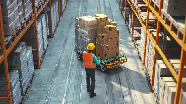 Worker transporting boxes in warehouse setting.