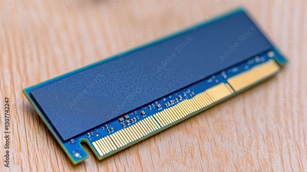Poster a close-up view of a memory module carefully positioned on a wooden surface reveals intricate detail