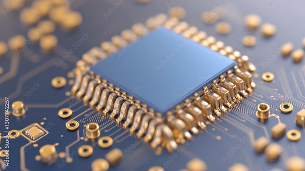Poster a close view of a microchip positioned on a blue circuit board exhibits fine details of its metallic