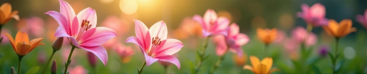 Pastel pink lily flowers blooming in a garden, blooms, flowers, botanical