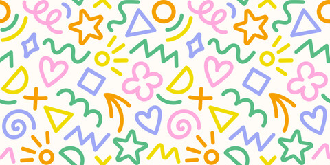 Memphis geometric seamless pattern. Cool abstract background in retro 80s, 90s style with basic shapes: star, arrow, triangle, circle, heart, flower, zigzag, spiral, wavy lines. Cute kid doodle design