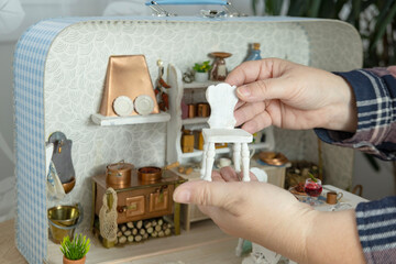 retro-style miniature dollhouse scale kitchen roombox with handcrafted furniture, dishes and utensils, miniature enthusiasts