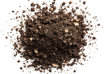 Dirt scattered, soil pile flying isolated on white or transparent background, top view