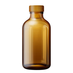 Empty amber glass bottle without cap for pharmaceutical or cosmetic use, isolated on transparent background