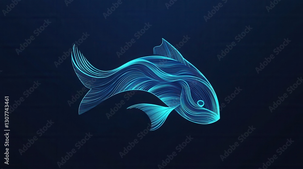 Poster Minimalist fish design featuring cool blue tones and wave patterns in an aquatic theme Generative AI