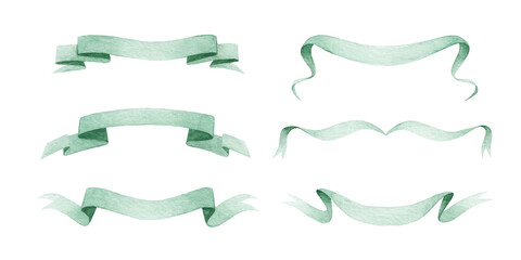 Set of green watercolor ribbon banners. Hand-painted decorative ribbon elements with curved and folded designs isolated on a white background. Design for invitation, greeting card, poster, banner