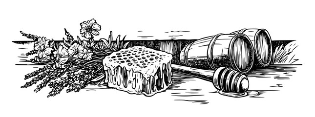 Obraz premium Sweetness of nature captured in a beautifully engraved illustration featuring honey, barrels, and wildflowers