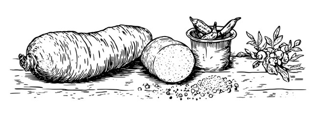 Obraz premium Engraved illustration of roots, spices, and herbs on a wooden table, showcasing natural ingredients in rustic form