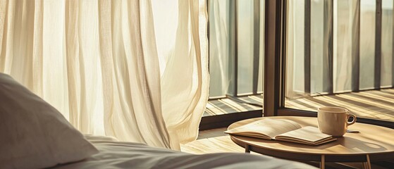 Soft sunlight streams through curtains into a relaxing interior space