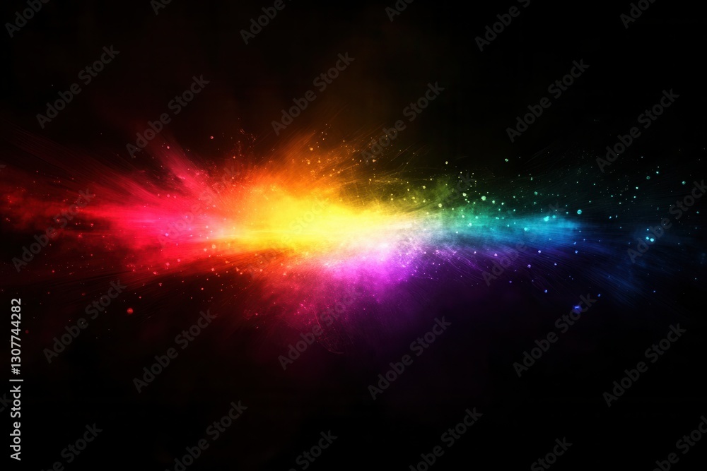 Poster vibrant beams of light emerge from darkness creating an abstract explosion of color in a cosmic disp