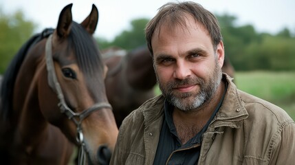 Fototapeta premium A man with a beard smiles while standing beside a horse in a peaceful countryside environment. The landscape features green foliage, enhancing the tranquil atmosphere