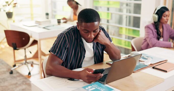 Phone, bored student and man in college for learning, education or scroll social media with fatigue. Mobile, university and person with exam preparation, exhausted or tired of studying with stress