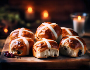 Golden hot cross buns gleam on a rustic wooden board, bathed in warm ambient light