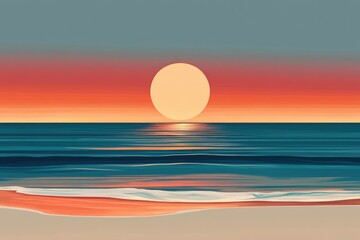 Obraz premium Serene sunset over calm ocean waves, painting-like illustration.