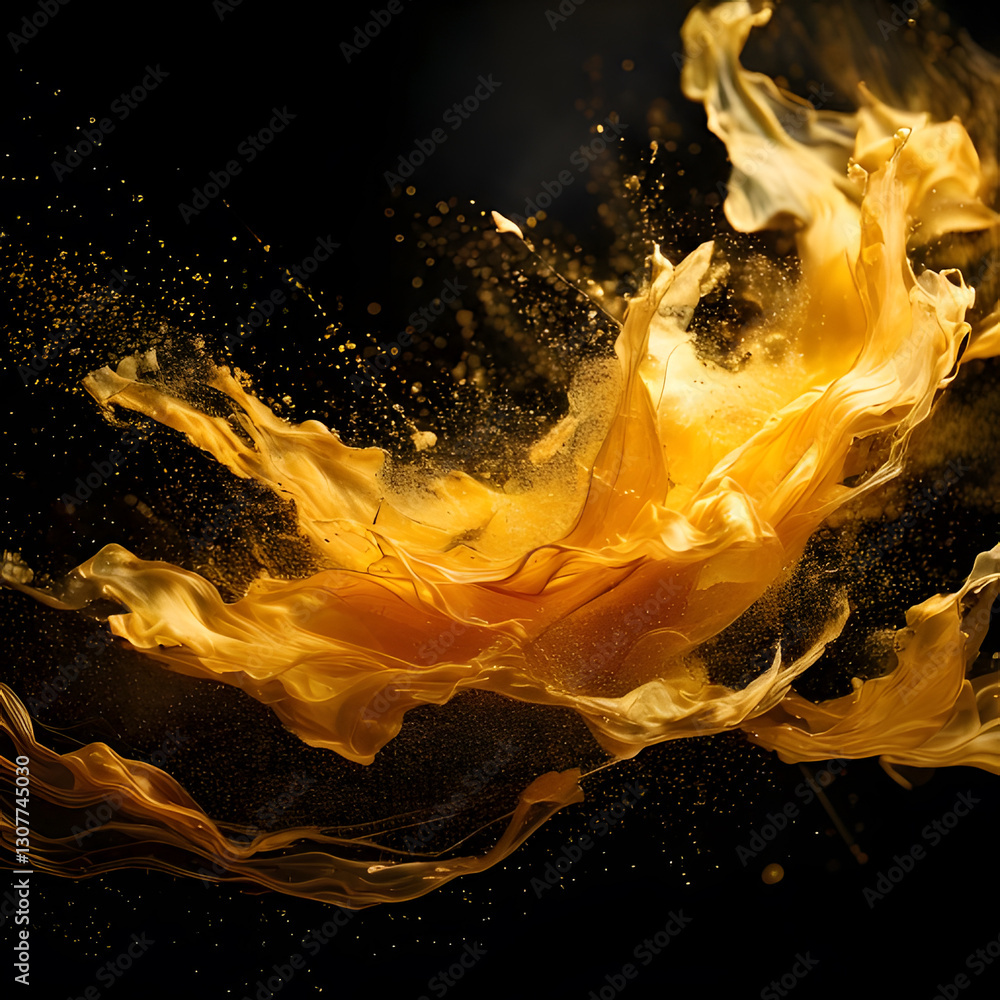 Fototapete a dynamic splash of molten gold against a dark backdrop, creating an abstract form with scattered pa