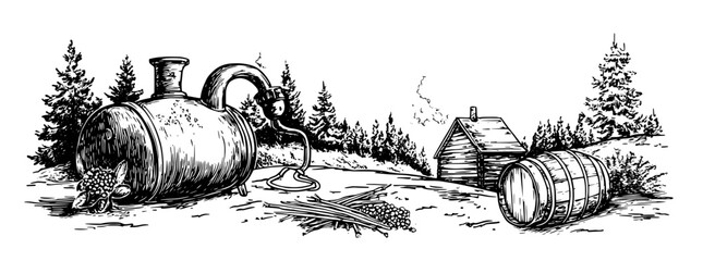 Historical distillation scene featuring a pot still, wooden barrel, and rustic cabin in a serene forest setting