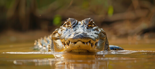 Obraz premium Caiman Submerged in Murky River with Eyes and Nostrils Above Waterline for Wildlife Observation