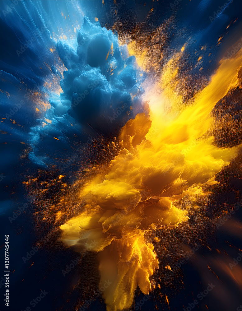 Aufkleber explosive burst of yellow and blue powder, creating a dynamic and abstract composition against a dar