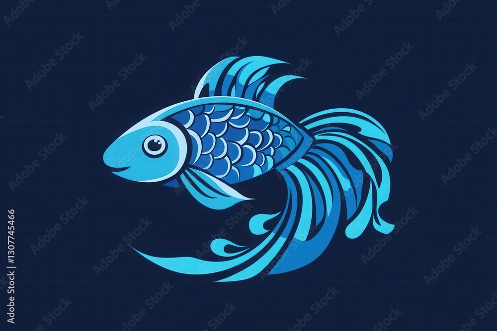 Poster minimalist abstract fish logo featuring wave patterns and cool blue tones for aquatic themes and des