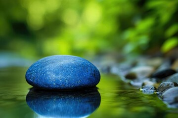 Serene blue stone rests on calm water, reflecting nature's tranquility in a lush green setting.