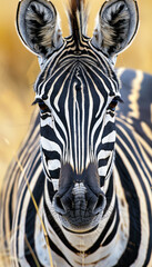 Naklejka premium Symmetrical Zebra Stripes Close-Up in Golden Savanna Setting for Nature Posters
