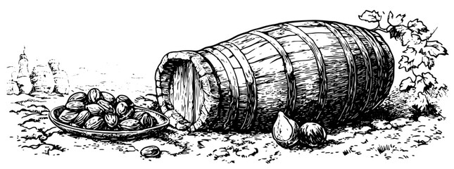 Obraz premium Engraved illustration of a rustic barrel tipped over with scattered nuts and fruits in an idyllic countryside setting
