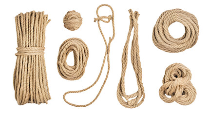  String, group rope on white or transparent background, top view.