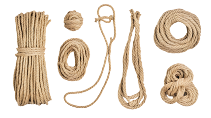  String, group rope on white or transparent background, top view.