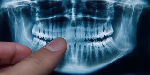 A close-up view of a dental x-ray displaying a human jaw and teeth clearly. A finger is placed on the x-ray, indicating a specific area of interest for diagnosis or examination