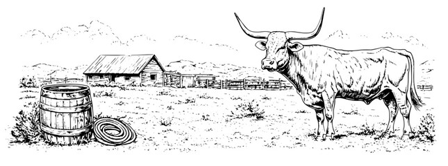 Obraz premium Rustic farm life illustrated with a longhorn cow, wooden barrel, and a quaint barn in a serene landscape