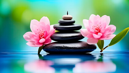 Tranquil scene with a stack of smooth black stones balanced on each other, creating a serene, Zen-like atmosphere