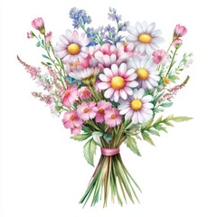 Whimsical Daisy Bouquet Watercolor Illustration for Floral Design and Delicate Springtime Decor