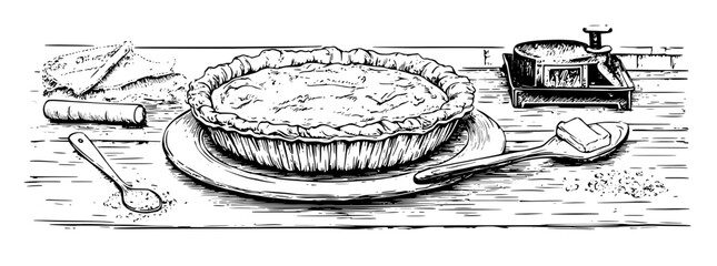 Obraz premium Deliciously crafted pie resting on a rustic wooden table by various baking ingredients and utensils