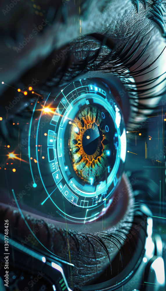Poster futuristic ai eye scan for early cataract detection with holographic display analysis